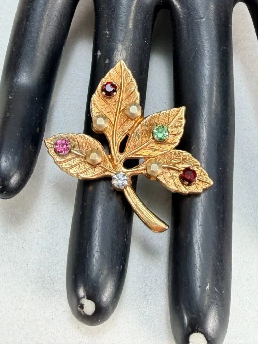 Vintage Anson Leaf Brooch Rhinestone Gold Tone Nature Pin Signed